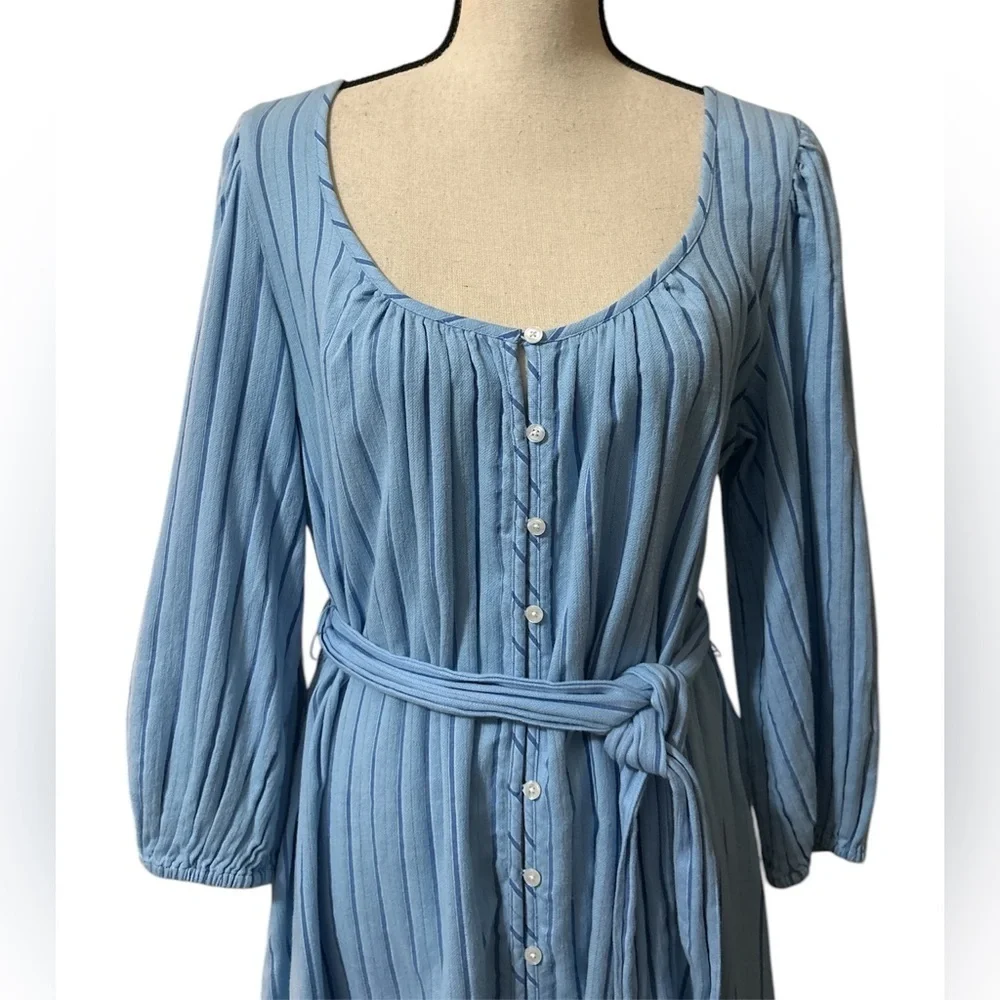 J. Crew Balloon Sleeve Tie Waist Cotton Dress in Blue Pinstripe size Medium